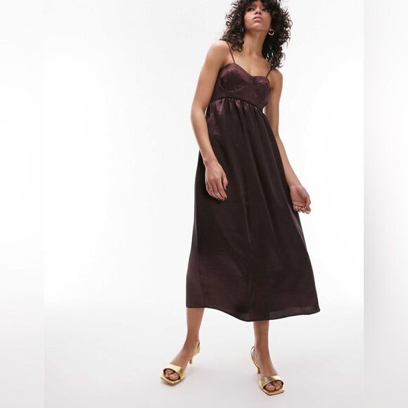 NWT TOPSHOP Corset Bust Satin Midi Dress In Chocolate-brown Size 10 - Picture 1 of 4